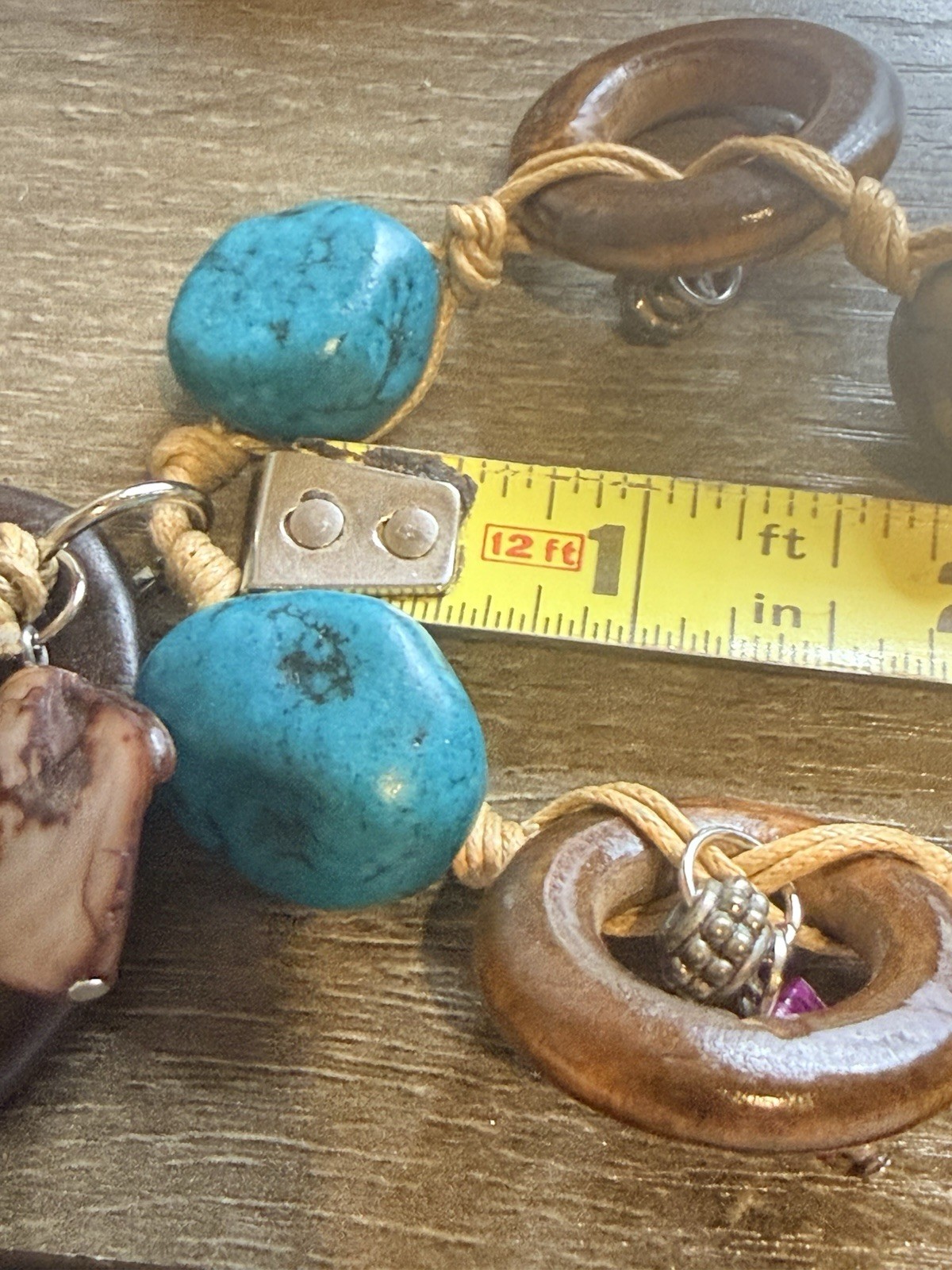 Treska Necklace Boho Statement Mixed Media Wood Faux Turquoise Bead Artsy 17-20”