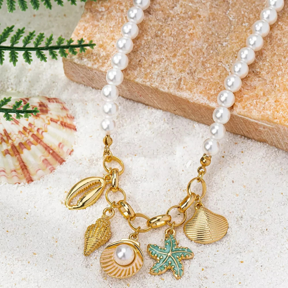 Pearl Necklace Gold Seashell Starfish Charm Choker Boho Beach Women Gift