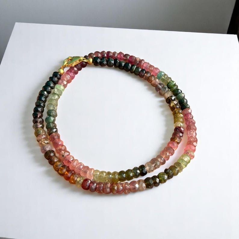 AAA Multi Tourmaline Faceted Rondelle Gemstone Beads Necklace 18” Women & Girls