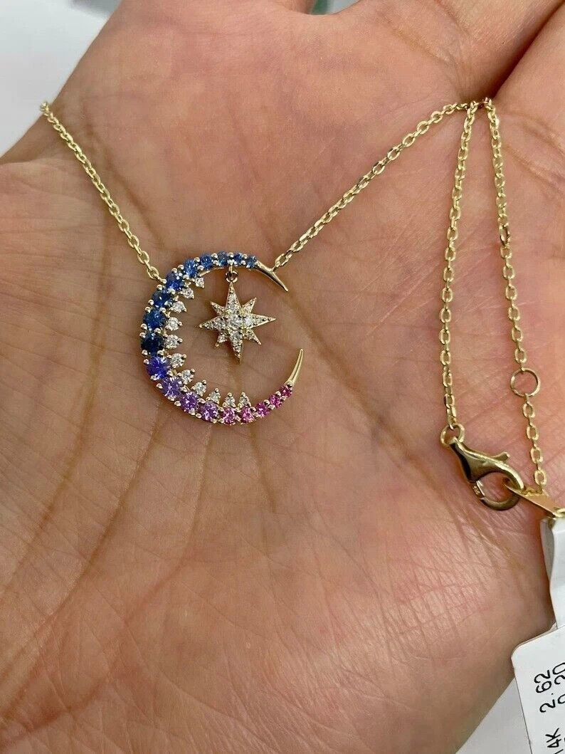 14K Yellow Gold Plated Moon & Star Pendant Chain 1.8CT Simulated Sapphire