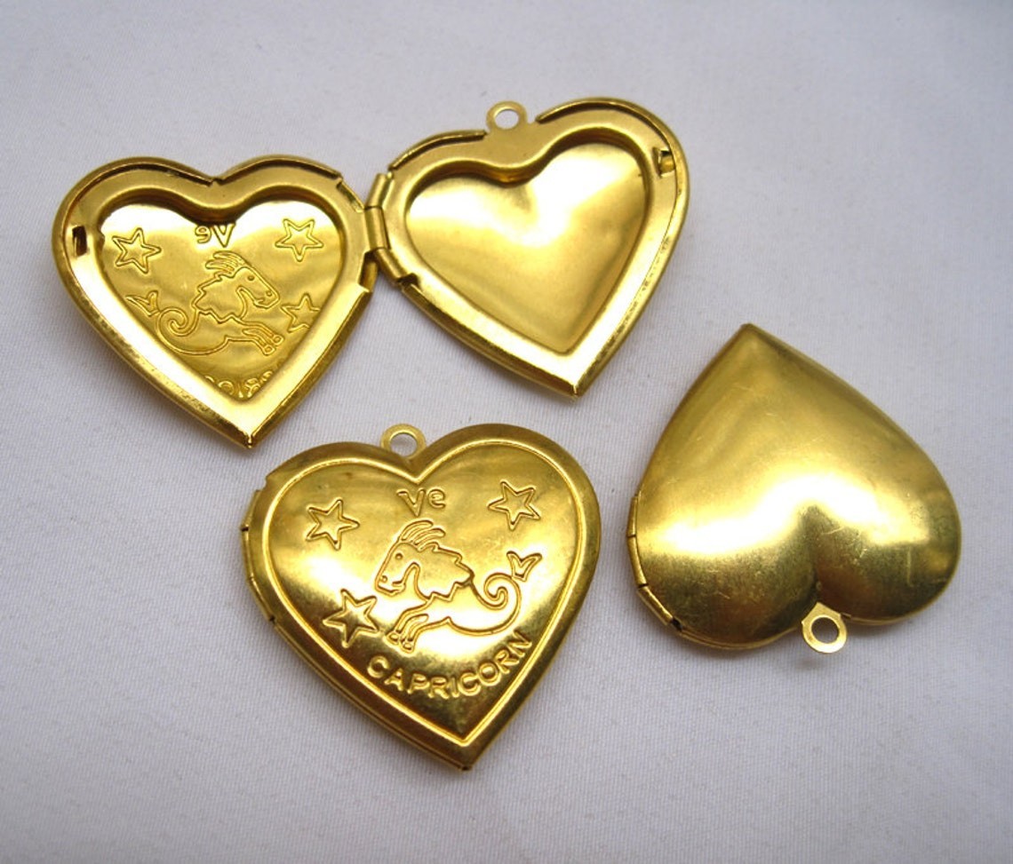 ONE SET of 12 Zodiac Signs Heart Locket 29mm Necklace Pendant Brass Findings