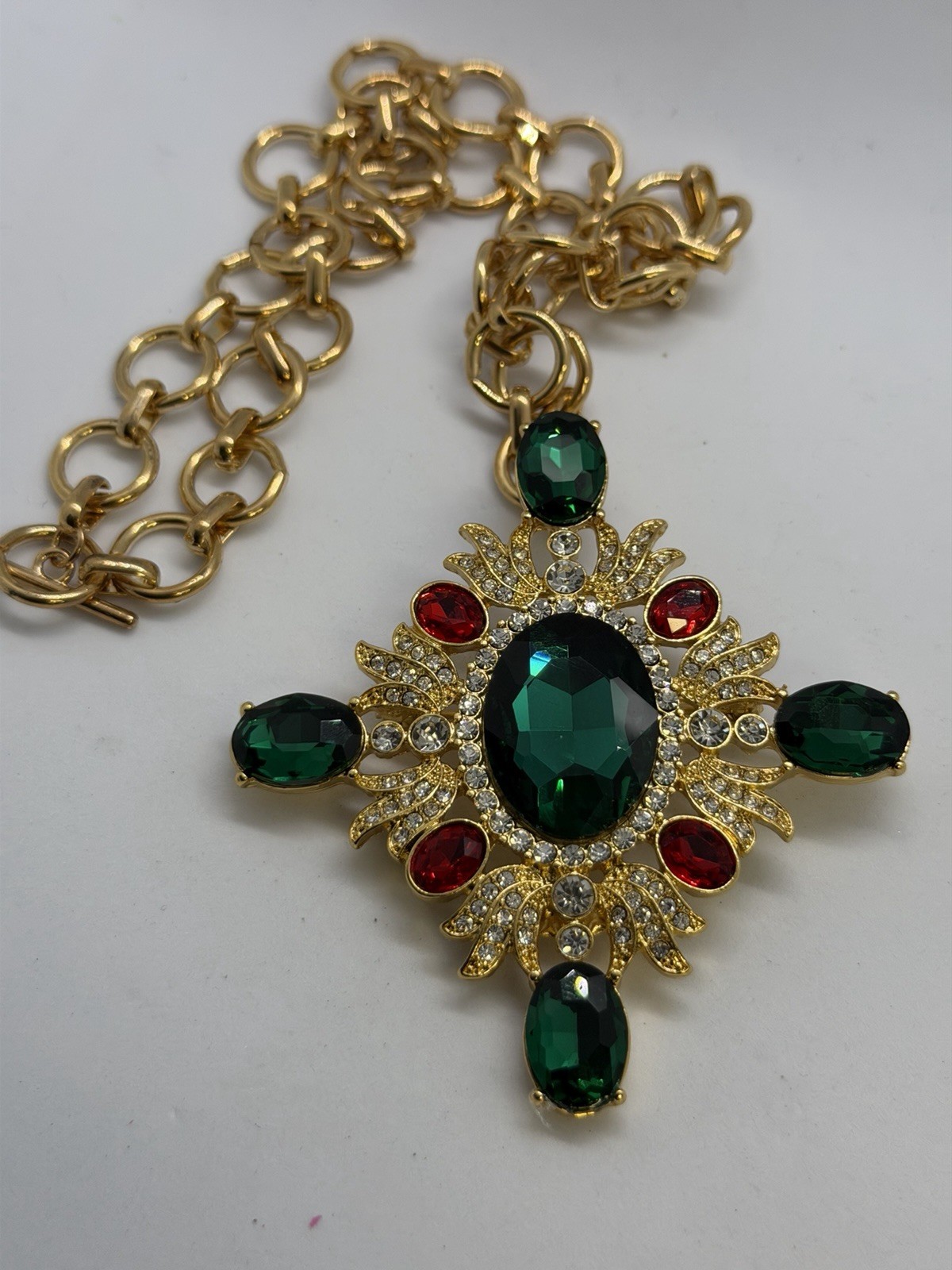 Journie Gold Tone Link Chain Cross Pendant Necklace Green Red Crystal Signed