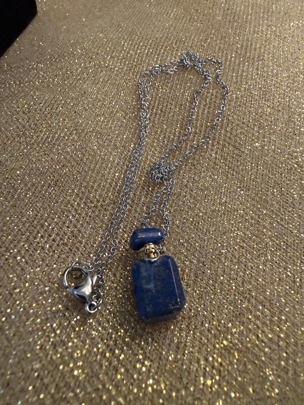 Lapis Lazuli Pendant Necklace, 20 Inches In Stainless Steel, Perfume Bottle