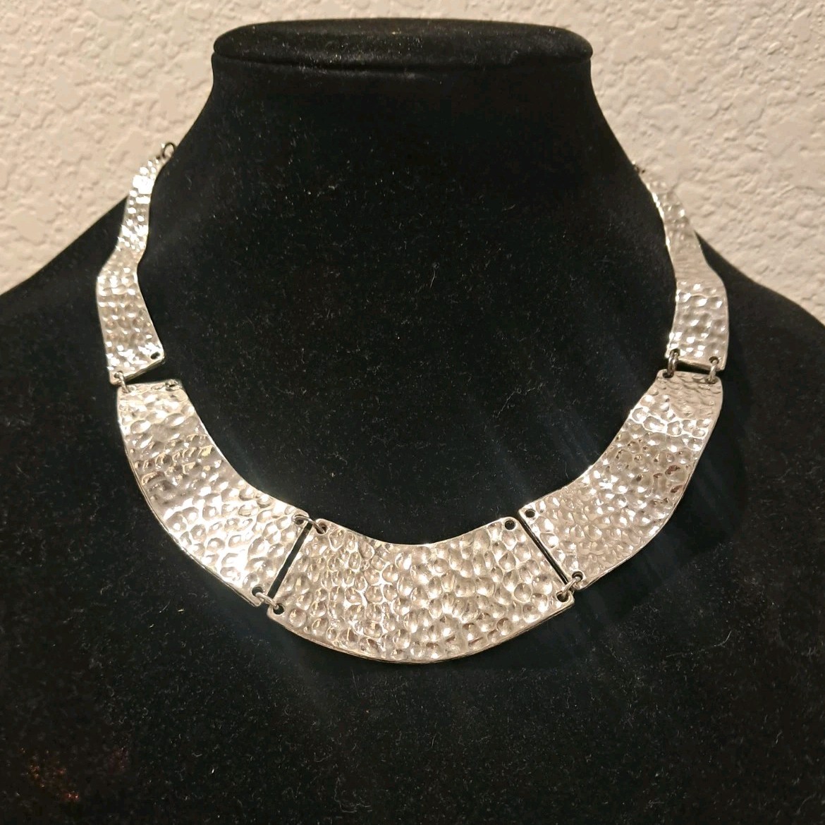 Silver Tone Textured Metal Collar Statement Necklace No Stone