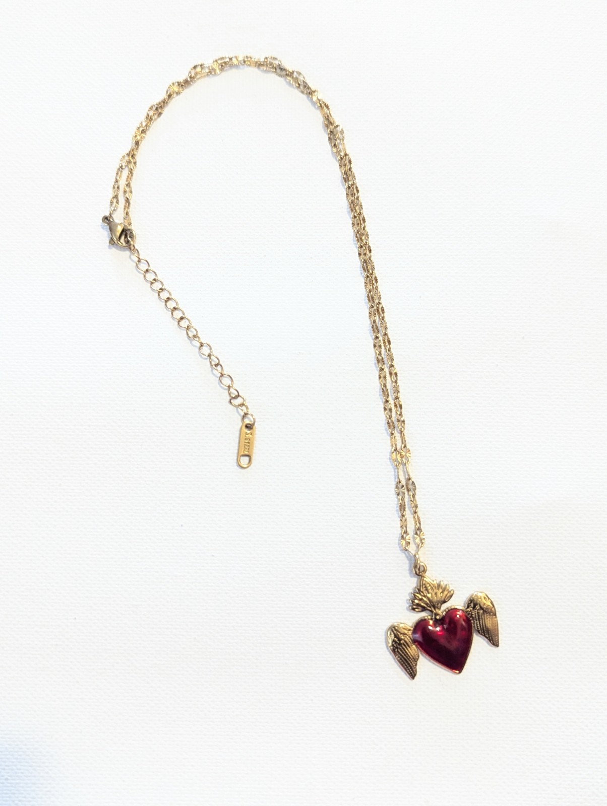 Stainless Steel Oval Link Chain Necklace Red Enamel Heart Wing Charm Adjustable