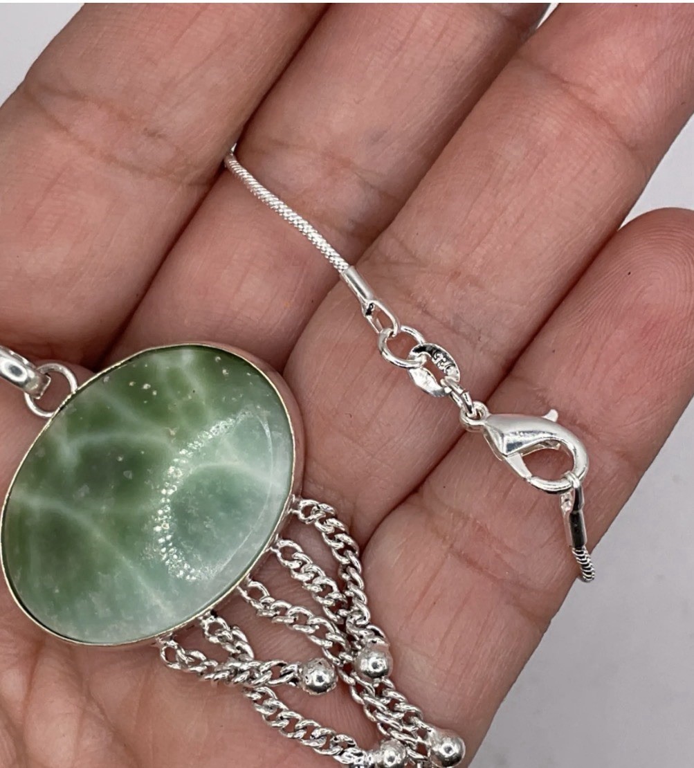 Green Larimar Sterling Silver plated Fringe Pendant Necklace