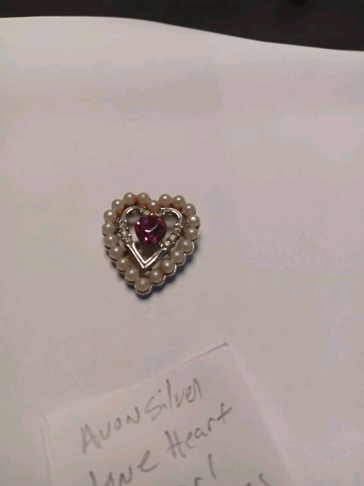 Avon Silver Tone Marked Heart Shaped Pink,colorless Stoned Faux Pearl Pendant
