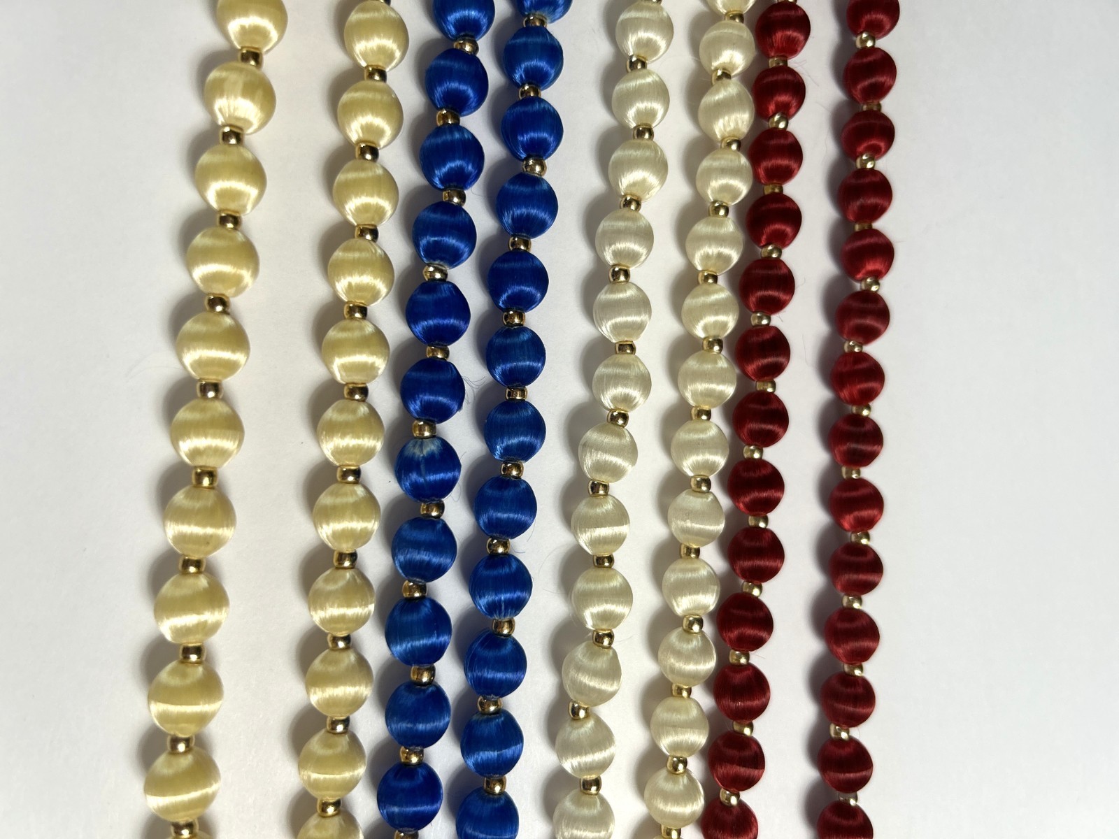 4 Vintage Cream RED WHITE & BLUE Silk Satin Thread Beaded Necklaces 4Th of July