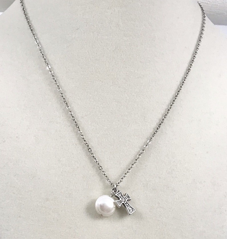 Brighton MARGARITA CROSS Silver Crystal Pearl Pendant Necklace. #515