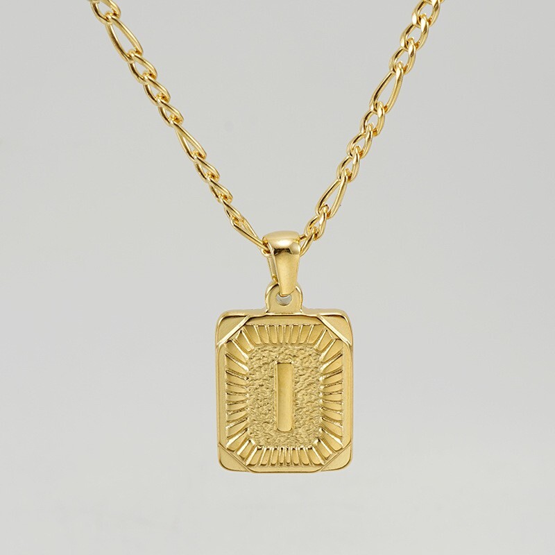 18″ Gold Plated Initial Letter Pendant Necklace Stainless Steel Figaro Chain