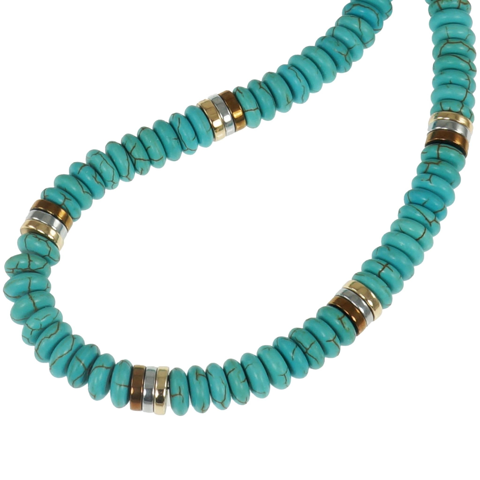 Unisex Turquoise Necklace, Tri Color Hematite Spacers