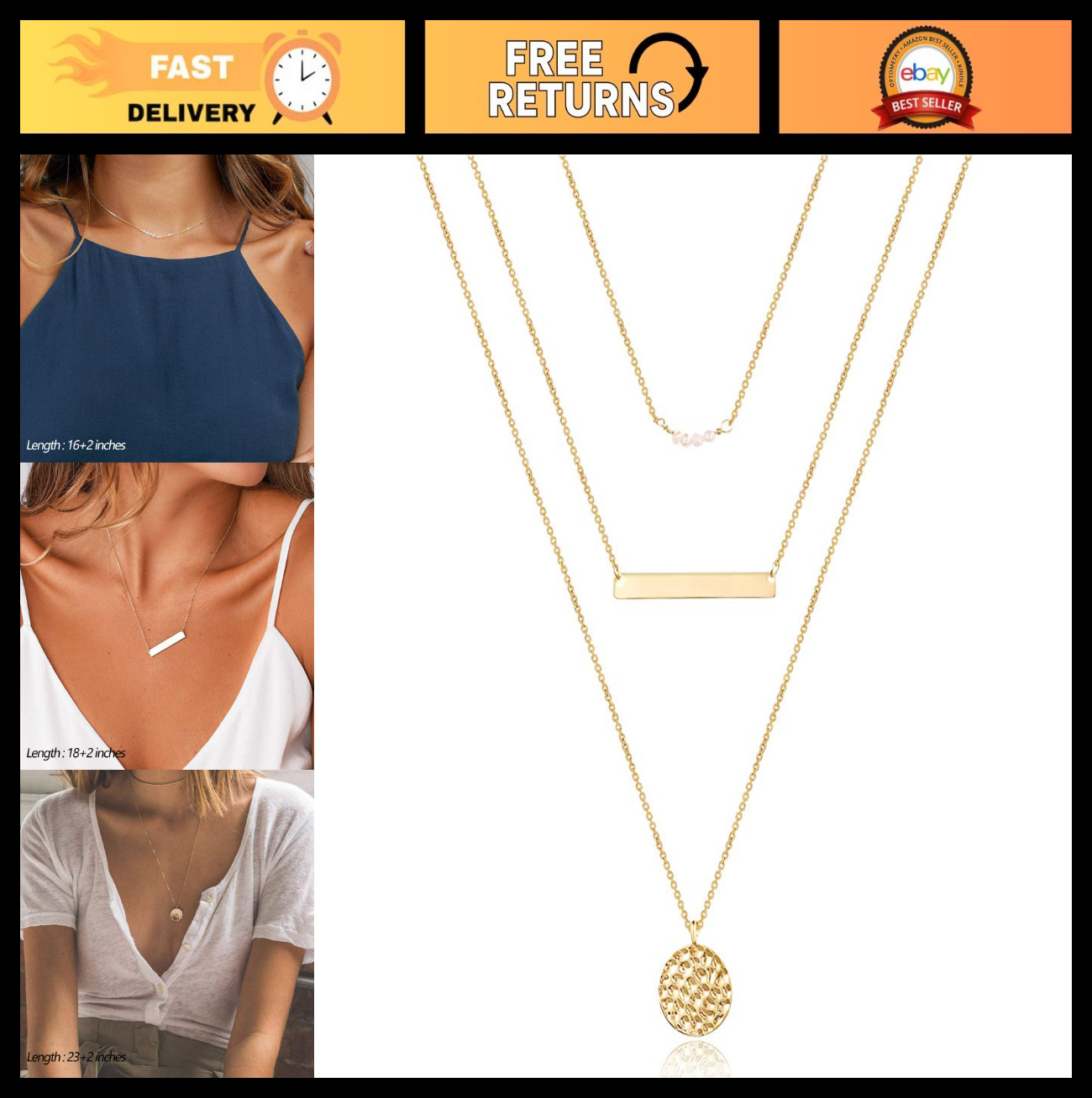 Dainty Layered Choker Necklace, Handmade Y Pendant & Bar Disc, Adjustable Jewelr