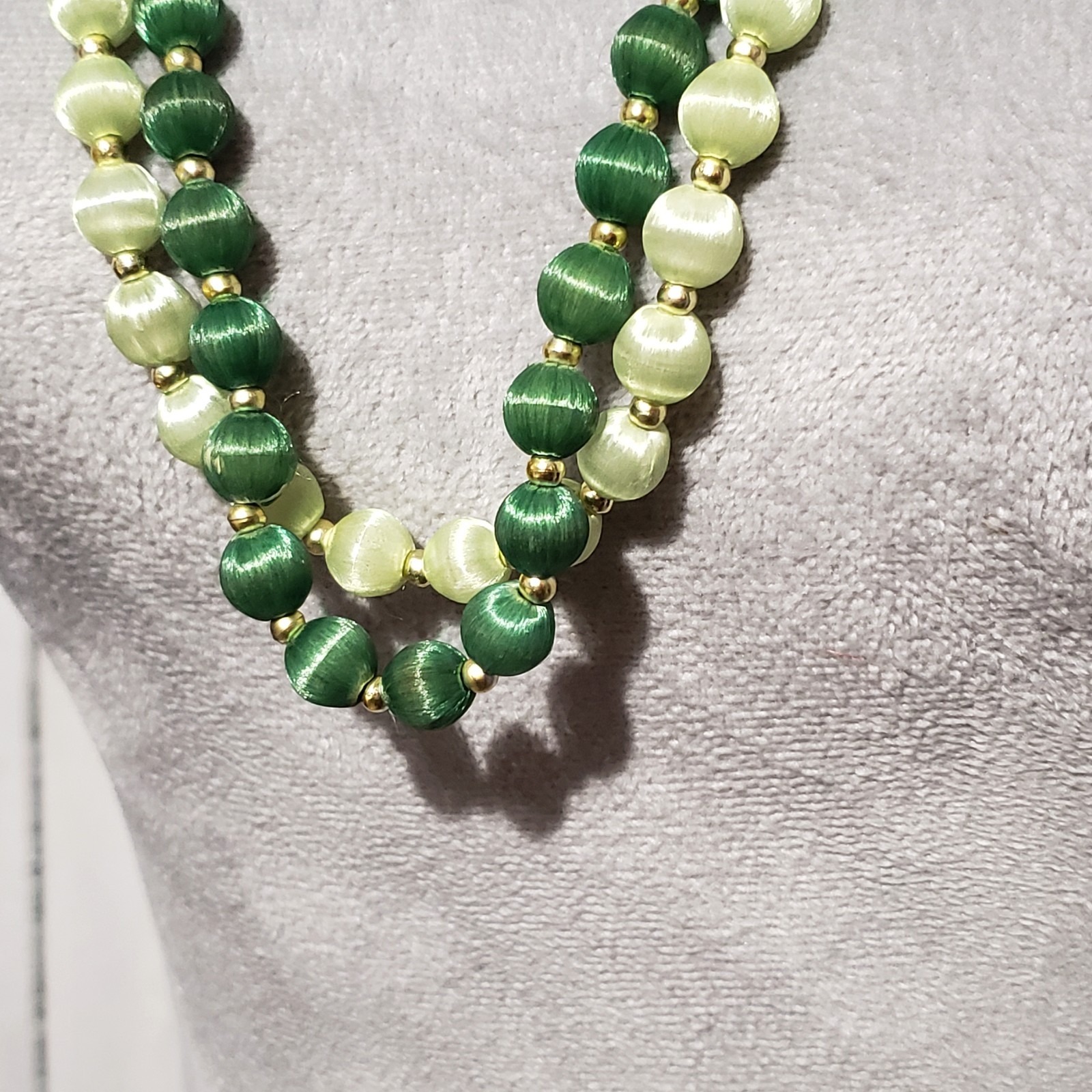 VTG Bead Necklaces Set of 2 Green Silk Satin Wrapped Boho Coquette Retro Artsy