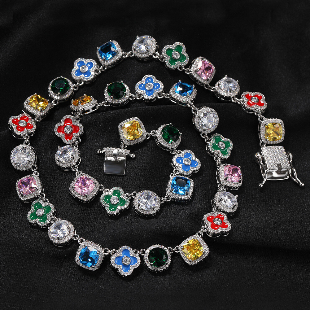 10mm Hip Hop Colorful Oil Drop Cross Tennis Chain Necklace Zircon Choker Jewelry
