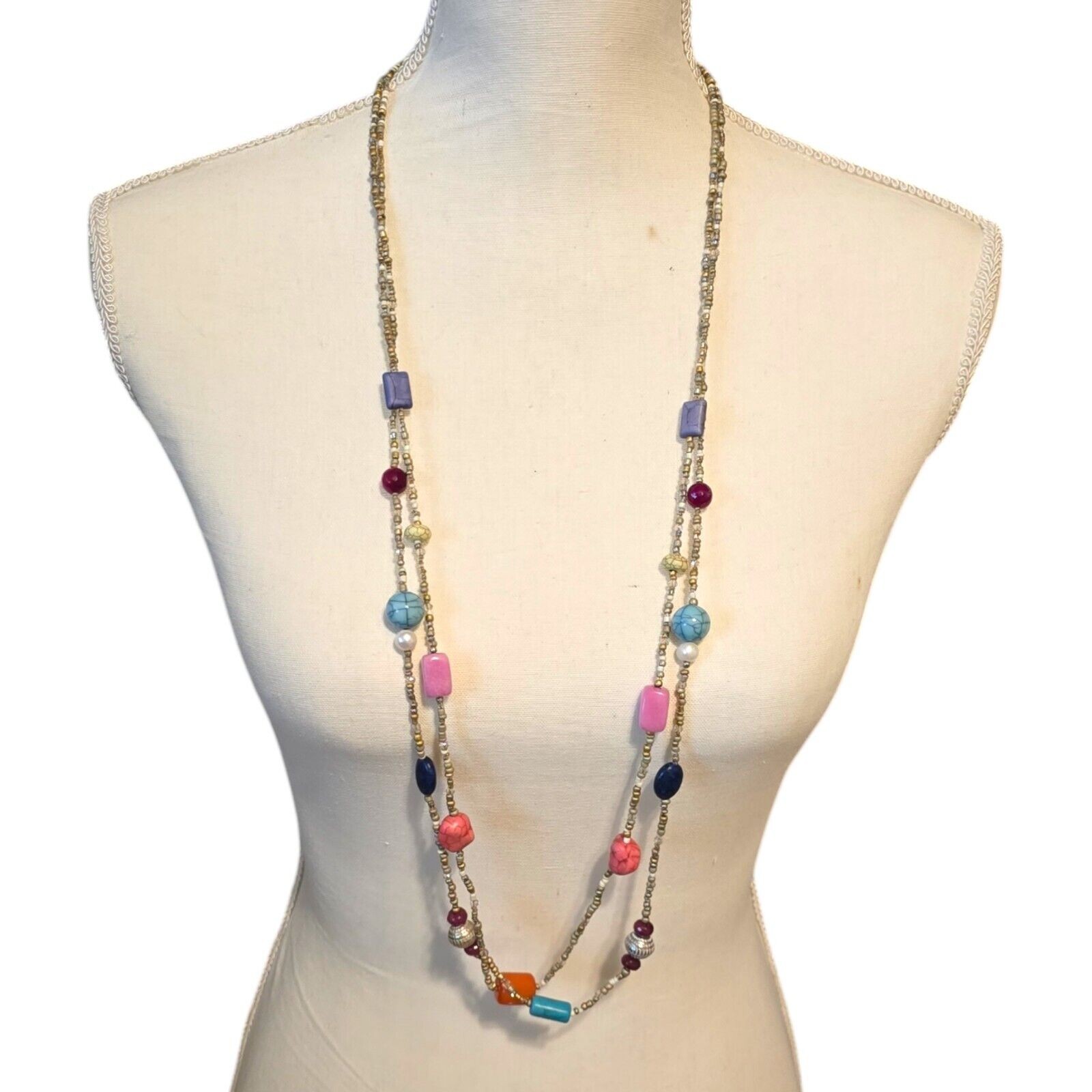 Chicos Necklace Chico’s Multicolor Beads Various Shapes Bohemian Style 36″