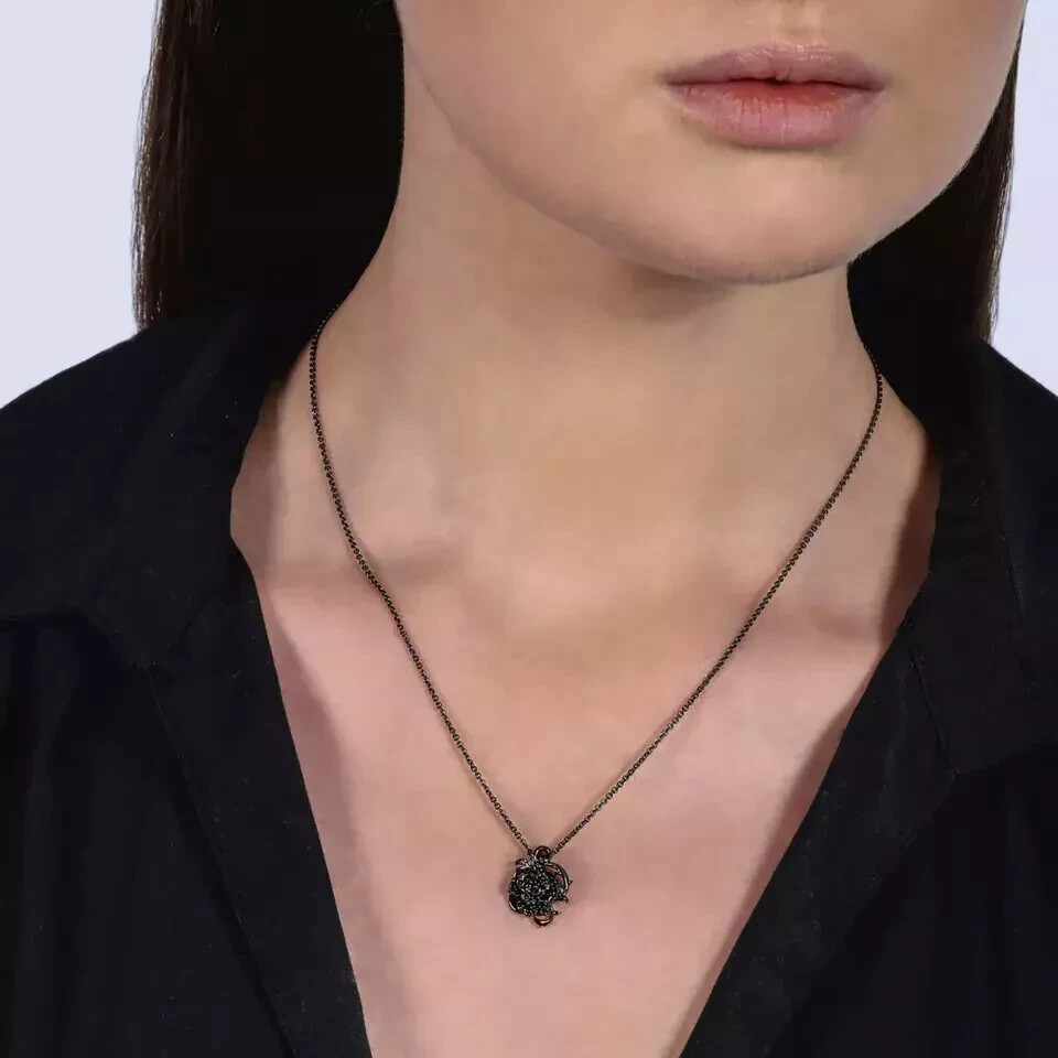 Black Simulated Diamond 925 Silver Women 18mm Maleficent Rose Pendant Necklace