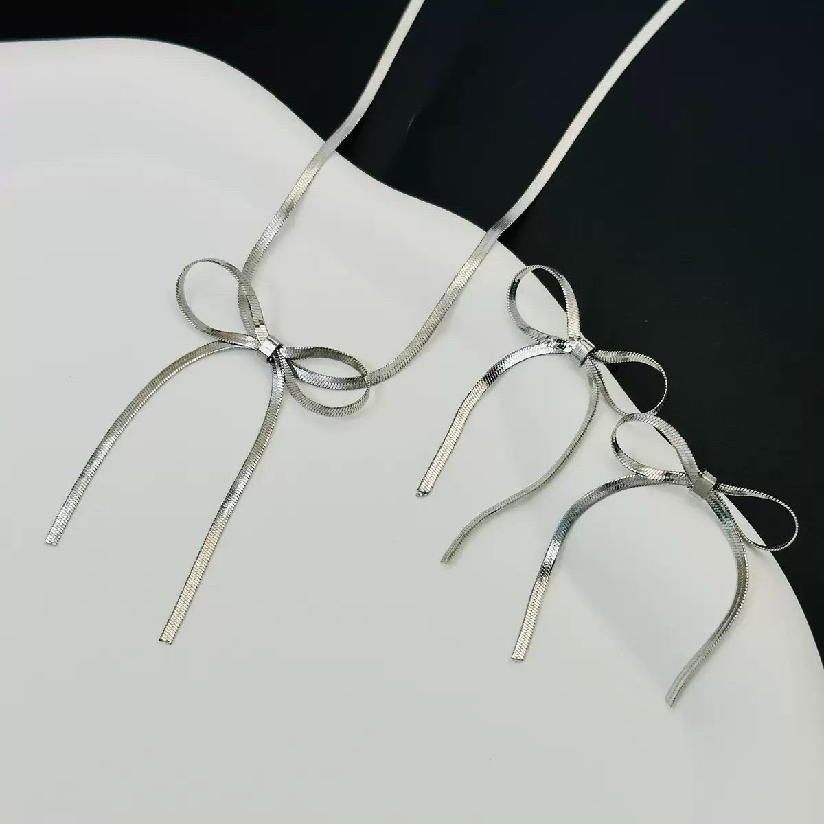 925 Silver Bow Necklace Snake Chain Choker Ribbon Pendant Necklace Coquette 054