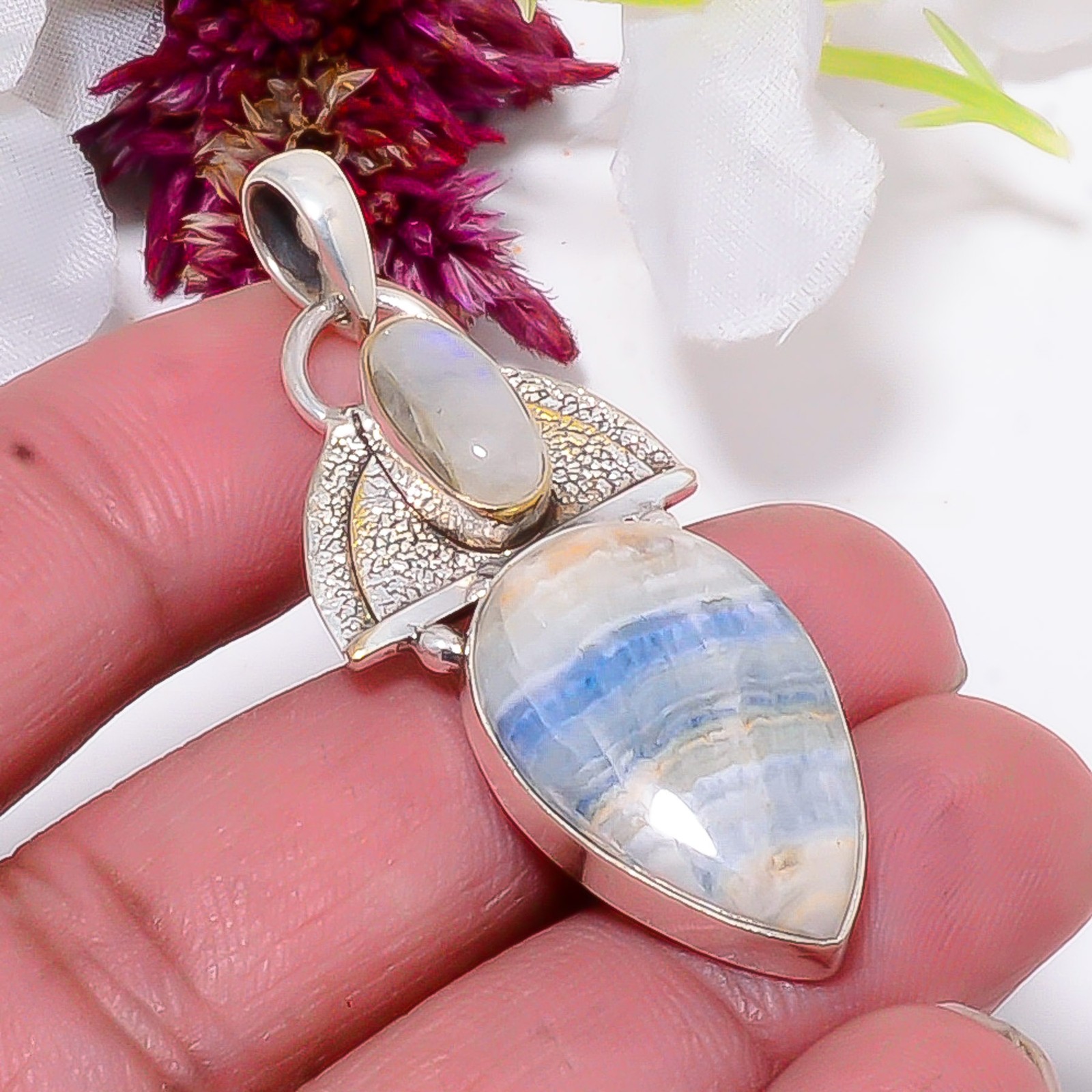 Blue Scheelite – Turkey & Rainbow Moonstone 925 Sterling Silver Pendant 2.03″ S9