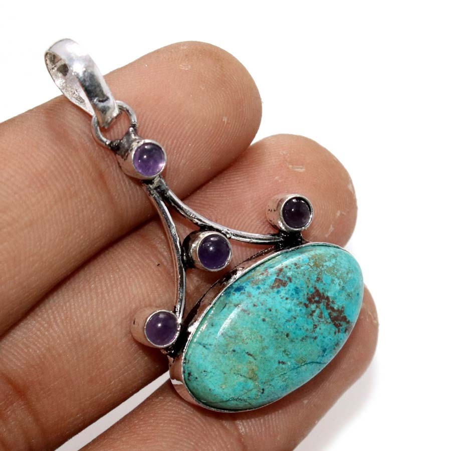 925 Silver Plated Long Chrysocolla Natural Amethyst Pendant 2″ Fashion Sale JW