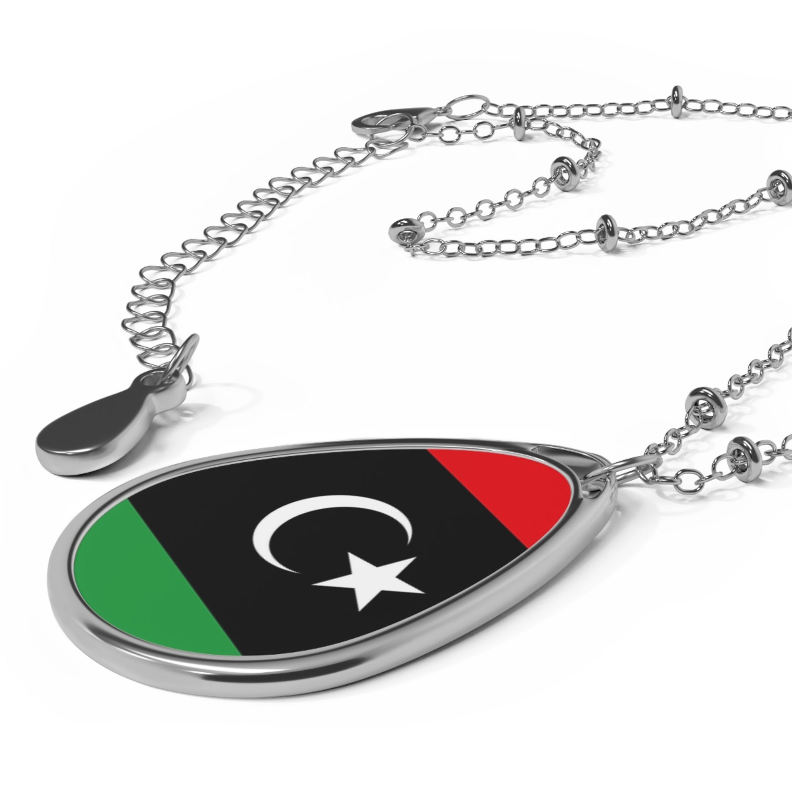Libya Flag Oval Necklace – Libyan Heritage Pendant – One Size / Silver