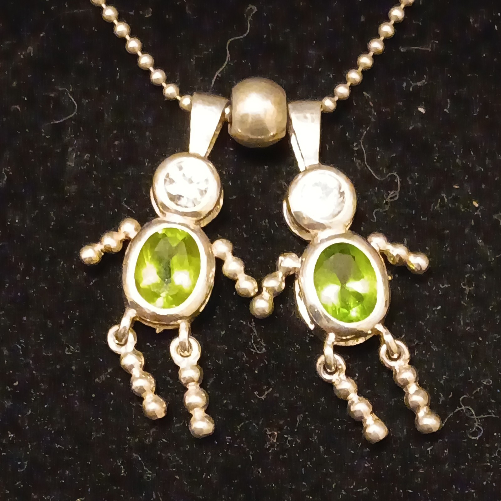 Vintage 925 Italy Silver Bead Chain Necklace Green Peridot Rhinestone Boy Girl