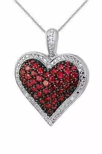 Round Cut Simulated Red Ruby Women’s Heart Pendant In 14k White Gold Plated