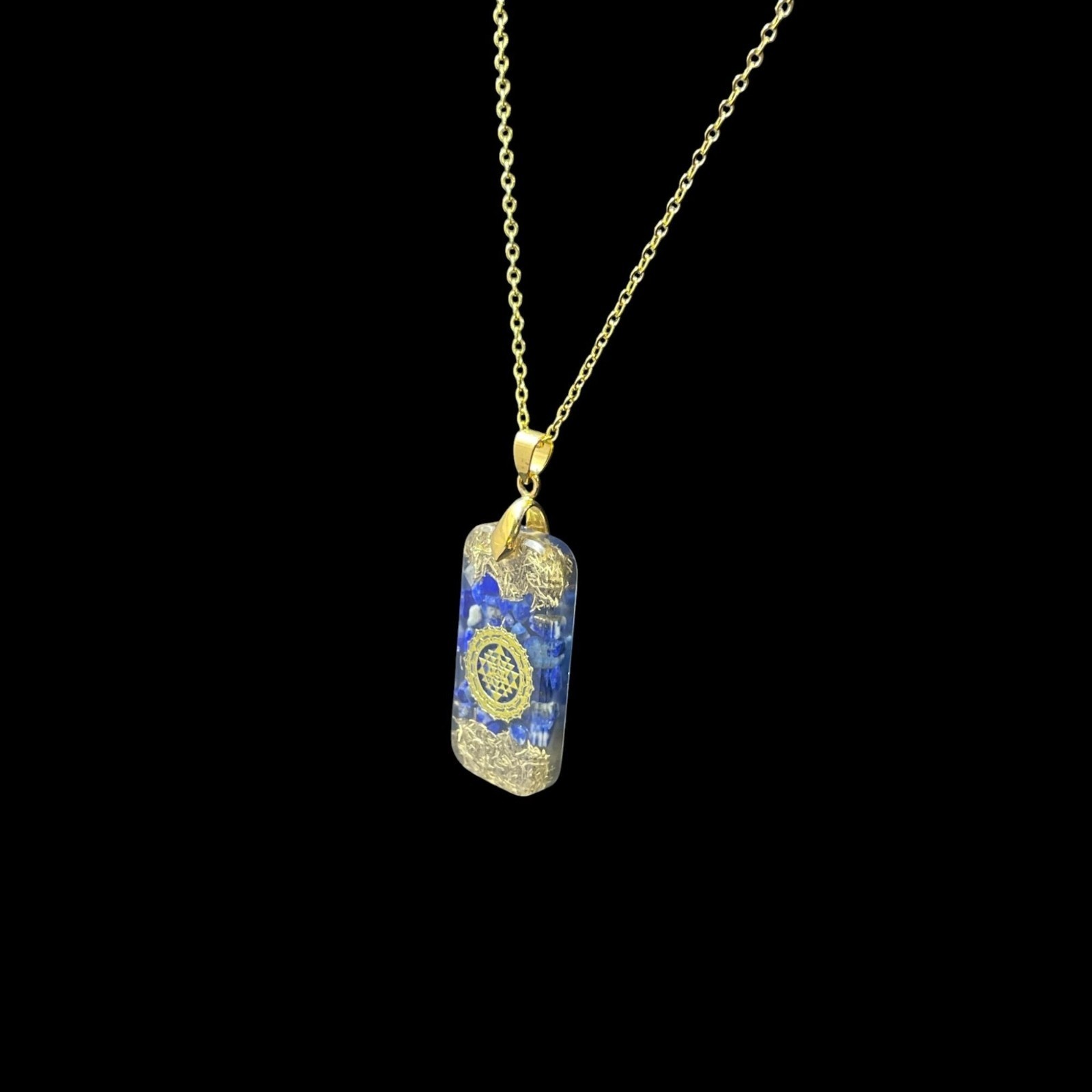 Gold Tone Sri Yantra Pendant Necklace Blue Gemstone Spiritual Energy Healing