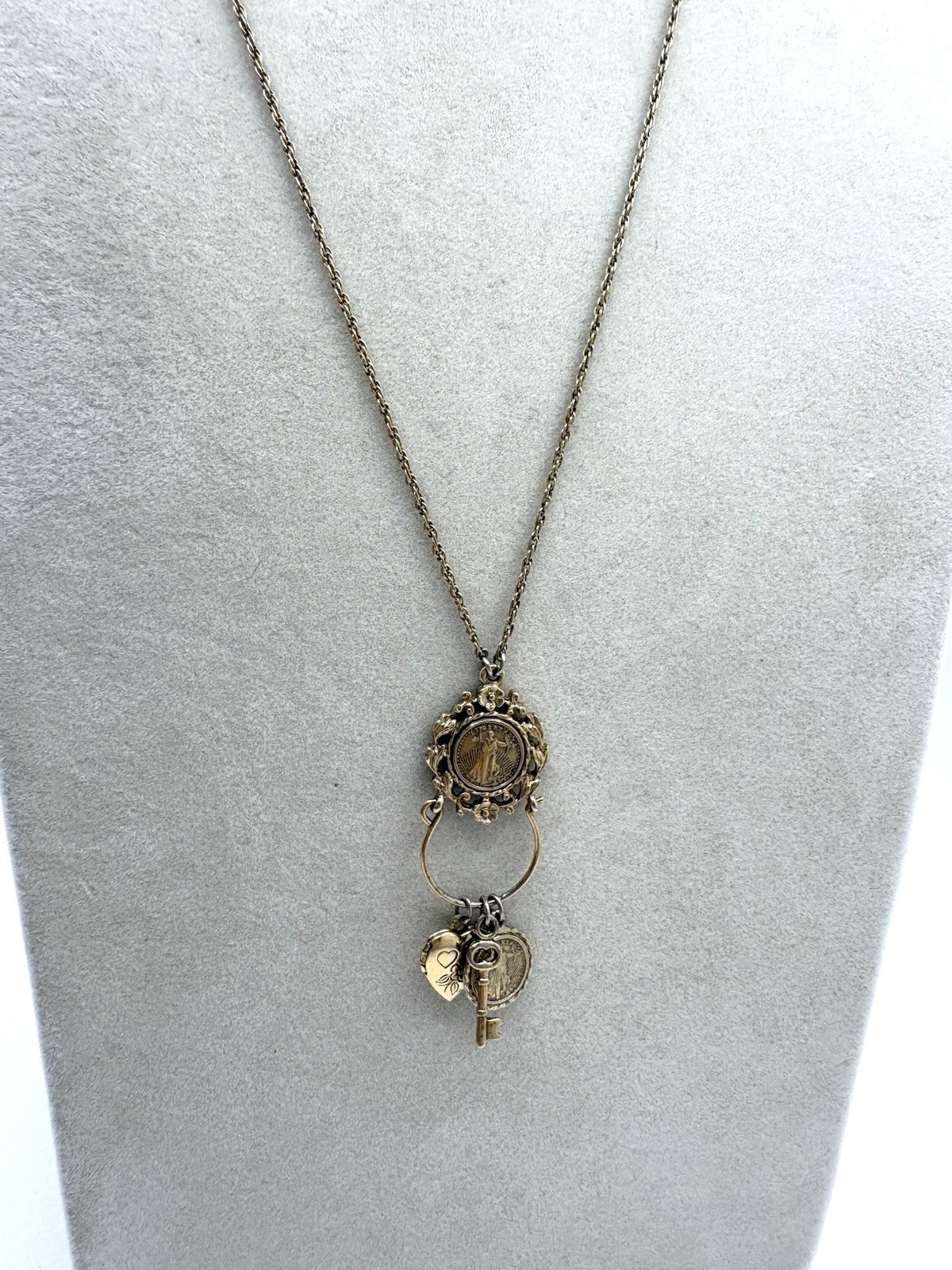 Gold Tone Tiny Charm Pendant Necklace Faux Liberty Coin Heart Key&Locket By 1928