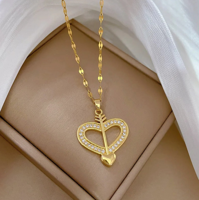 1pc Heart Zirconia Necklace Gold Color Stainless Steel O-Chain – NEW