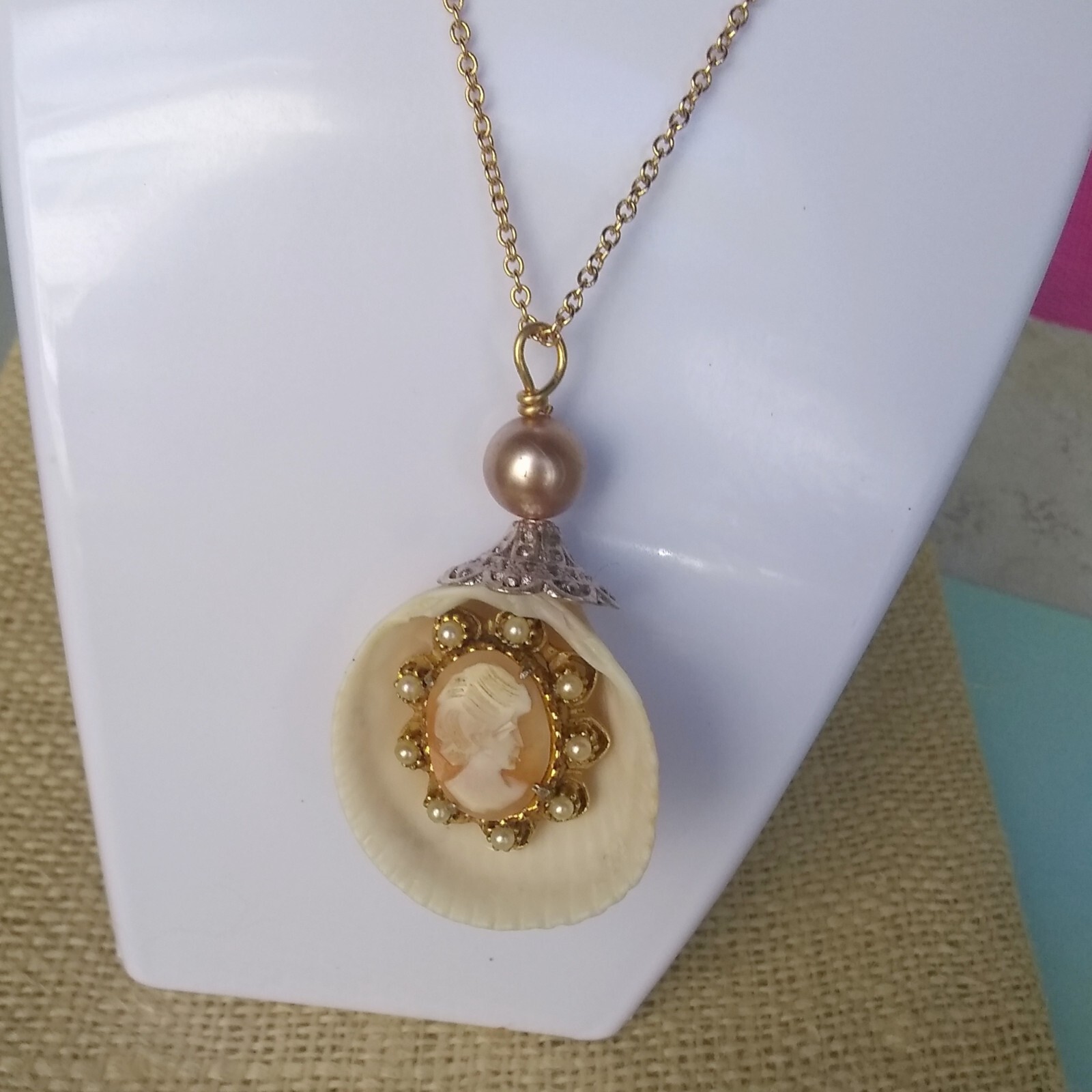 Seashell pendant embellished by Pat2 glass pearl cameo 16 in chain