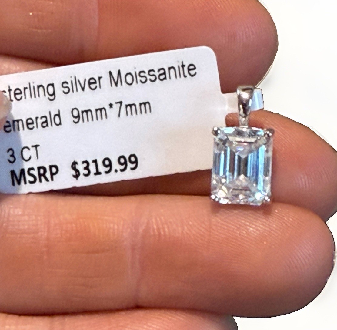 Sterling Silver 925 Clear Moissanite Emerald Cut Pendant 3 CT 9x7mm