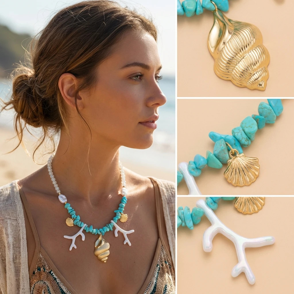 Bohemian Blue Irregular Stone Beaded Choker for Women Exaggerated Conch Coral Pe