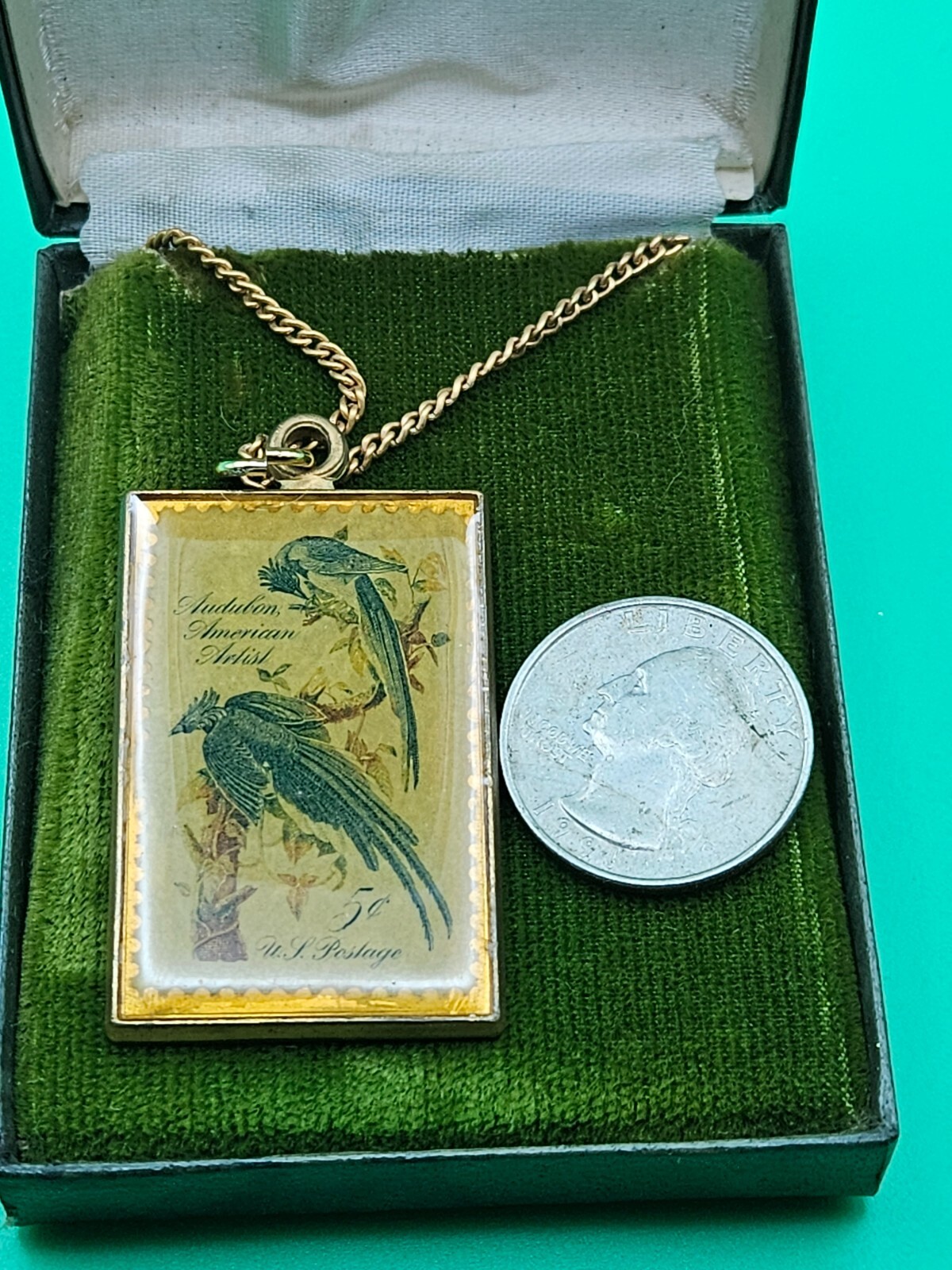 Audubon American Artist 5c Postal Stamp Solid Brass Necklace Pendant NIB Antaya