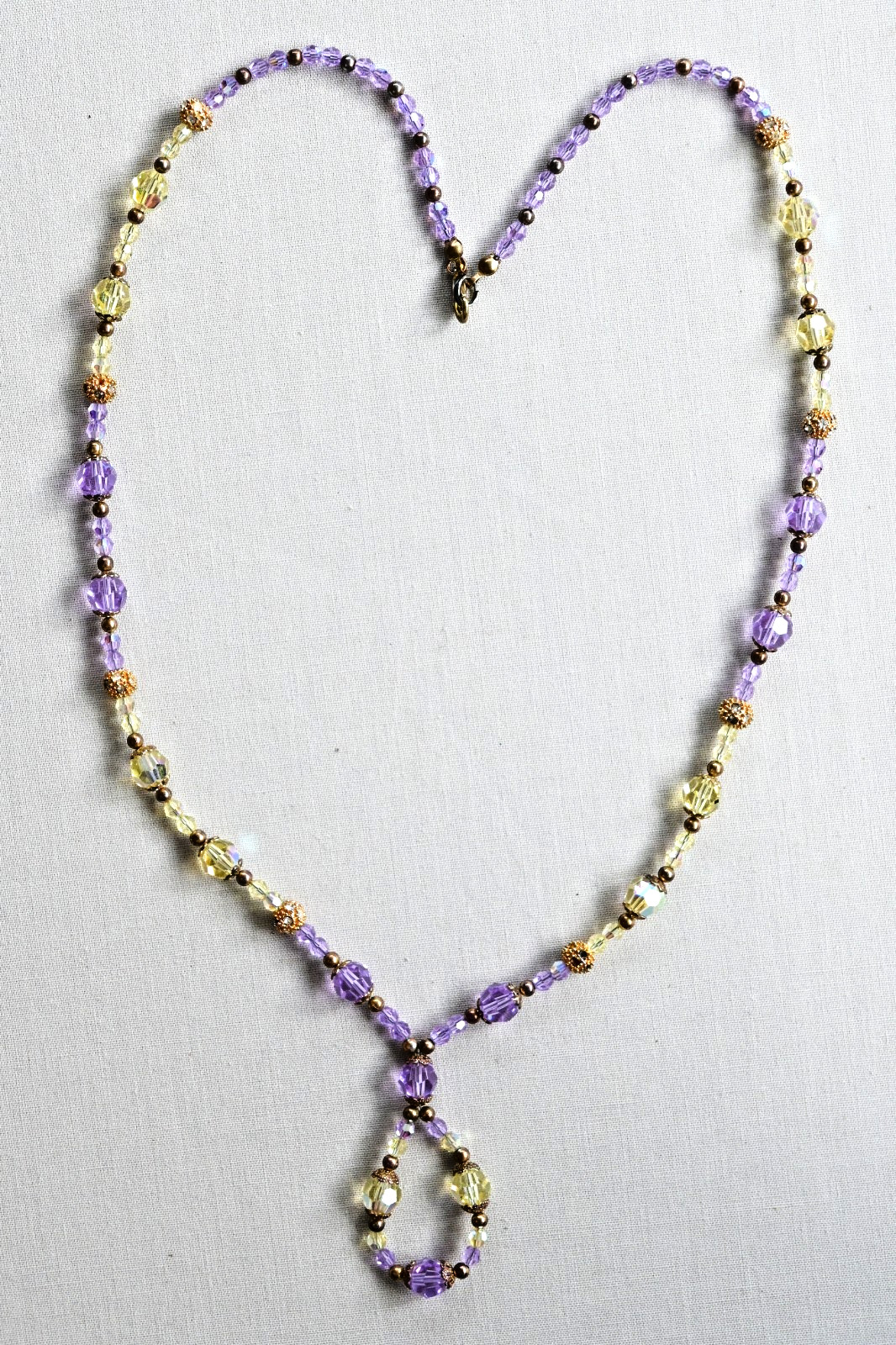 Faceted Crystal Glass Colorful Purple Yellow Gold Tone Beaded Necklace