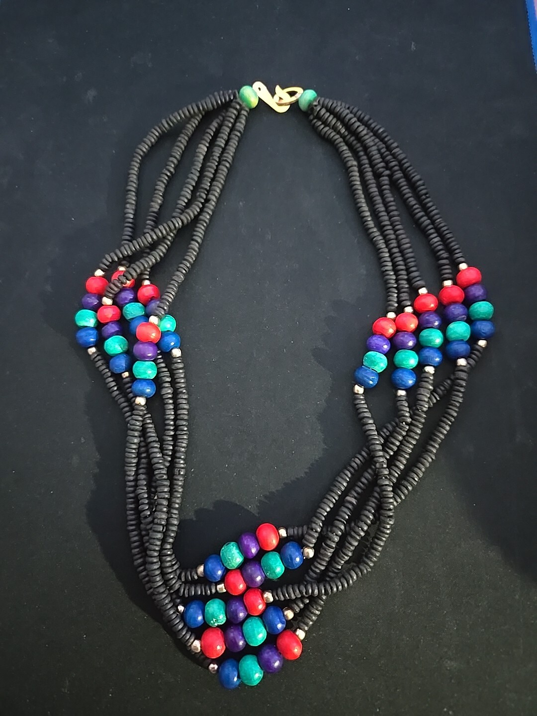 Beautiful Multicolor Tribal Beaded Necklace With Gold Tone Hook- Red Blue Green