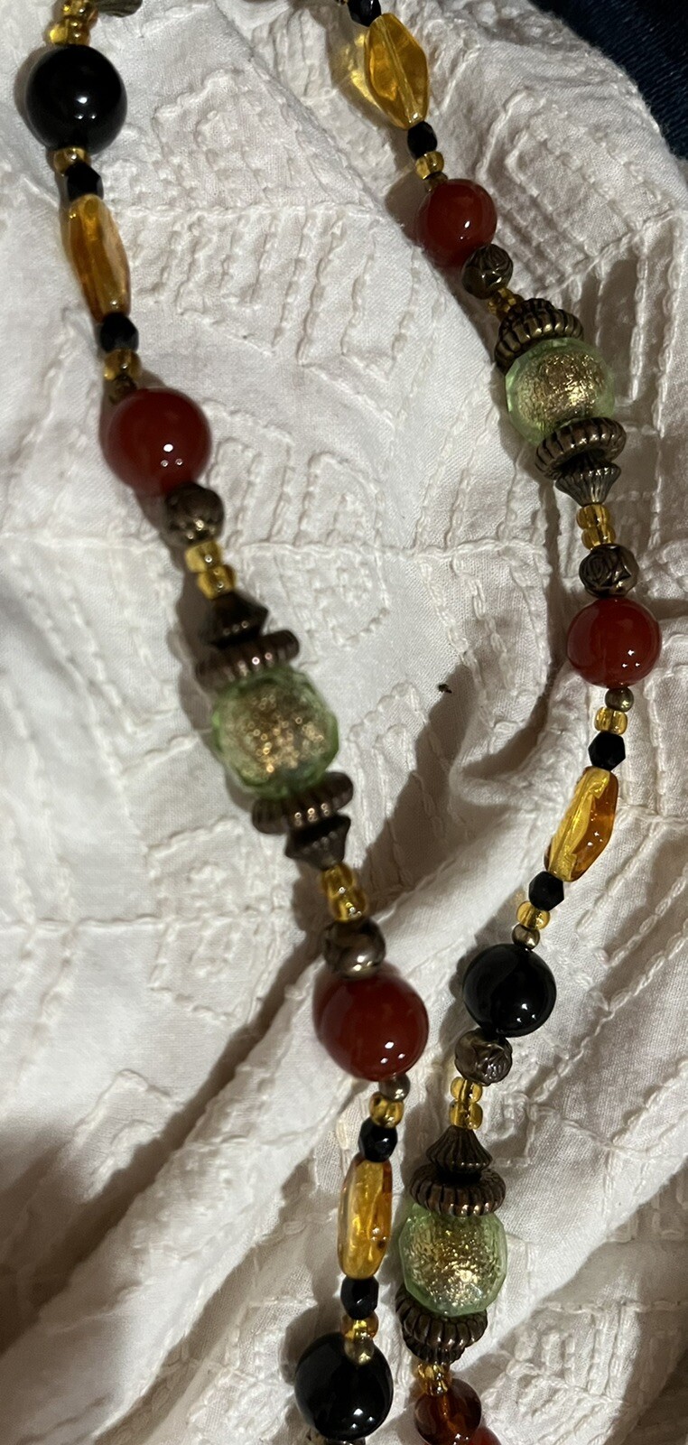 brass tone necklace with bali beads and gemstone Beads