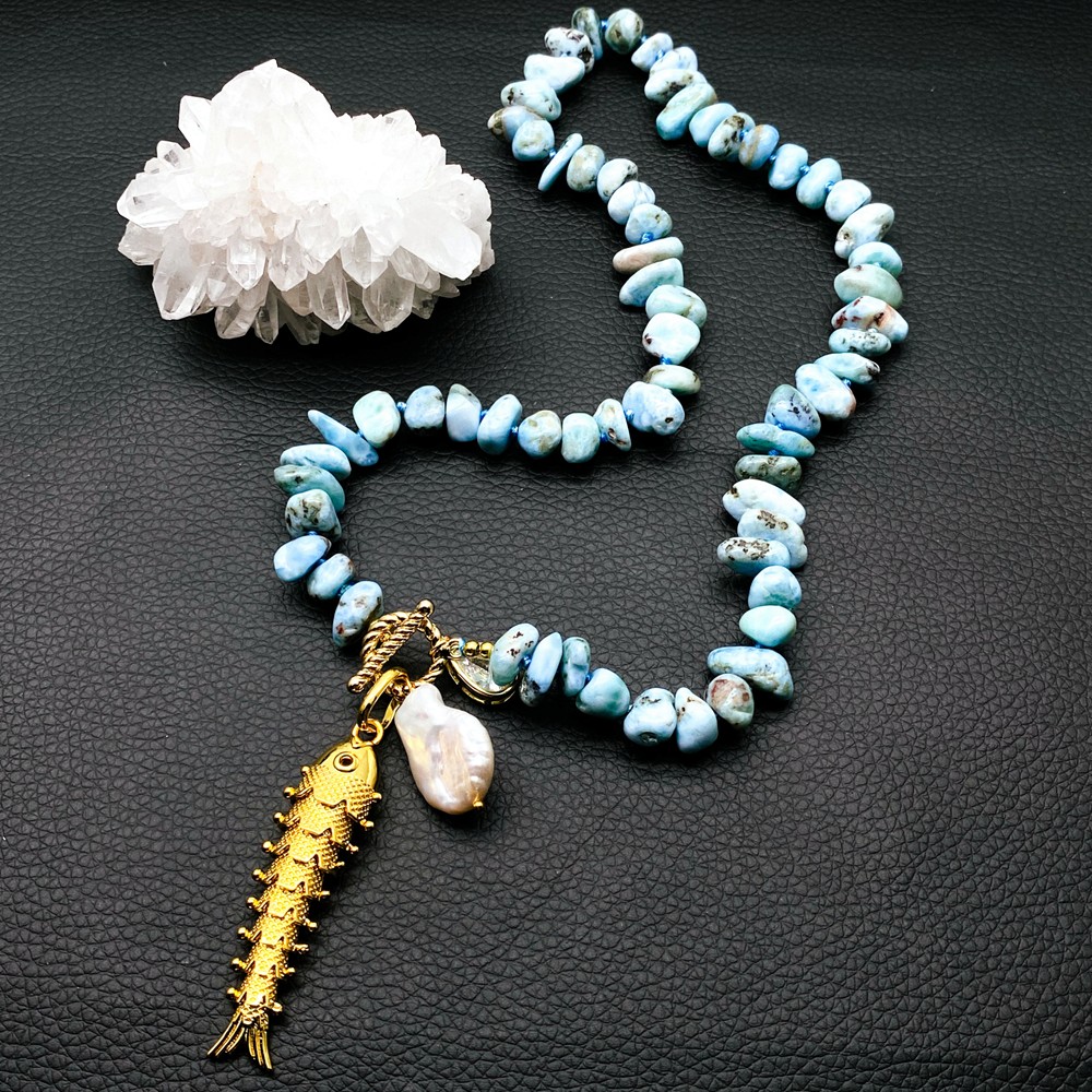 Blue Larimar Strand Necklace White Coin Pearl Fish Pendant Bohemia Jewelry
