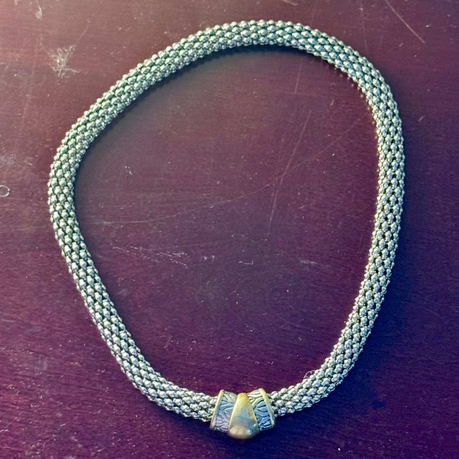 Silver-Tone Braided Rope Necklace with Gold Accent- Magnetic Clasp- 18″