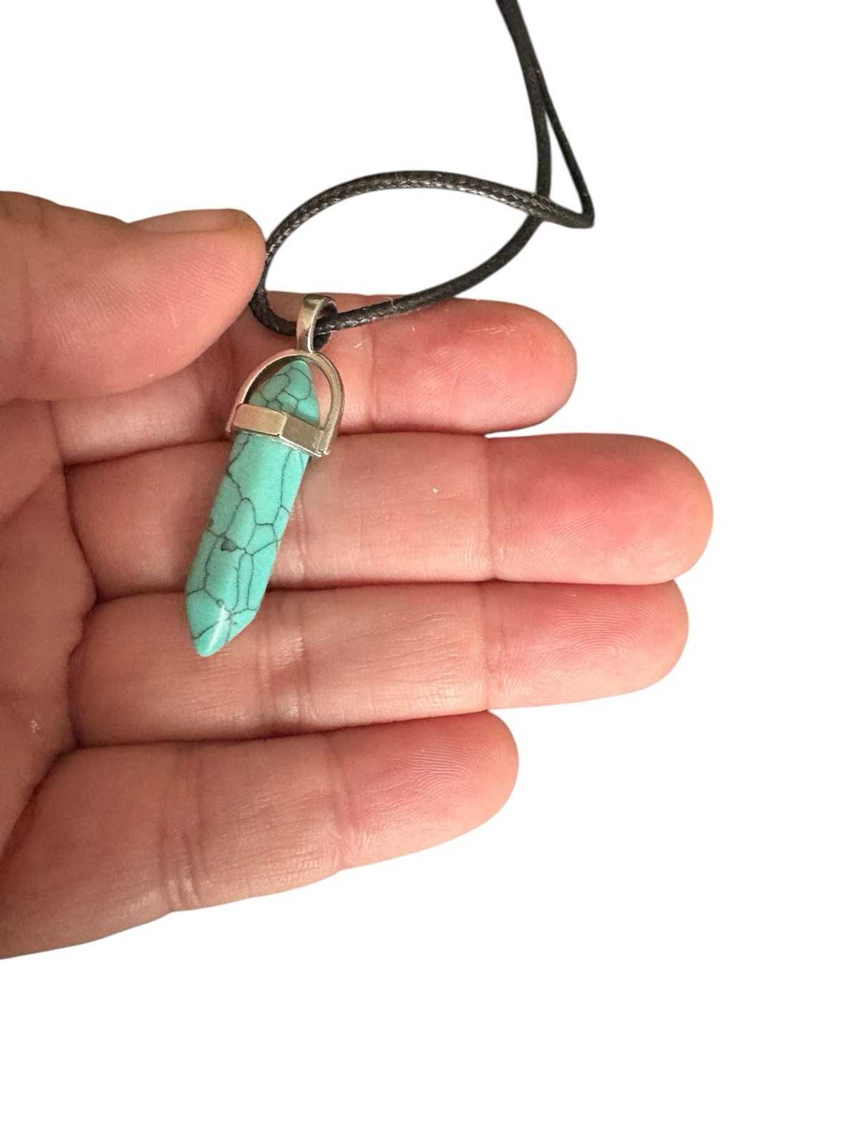 Turquoise Point Pendant Necklace – Faux Leather Cord, Silver-Tone, 18”