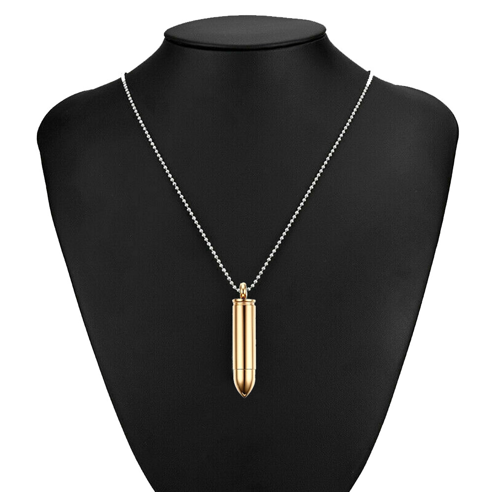 Mens Stainless Steel Necklace Open Bullet Pendant Pill Case Holder Male Jewelry