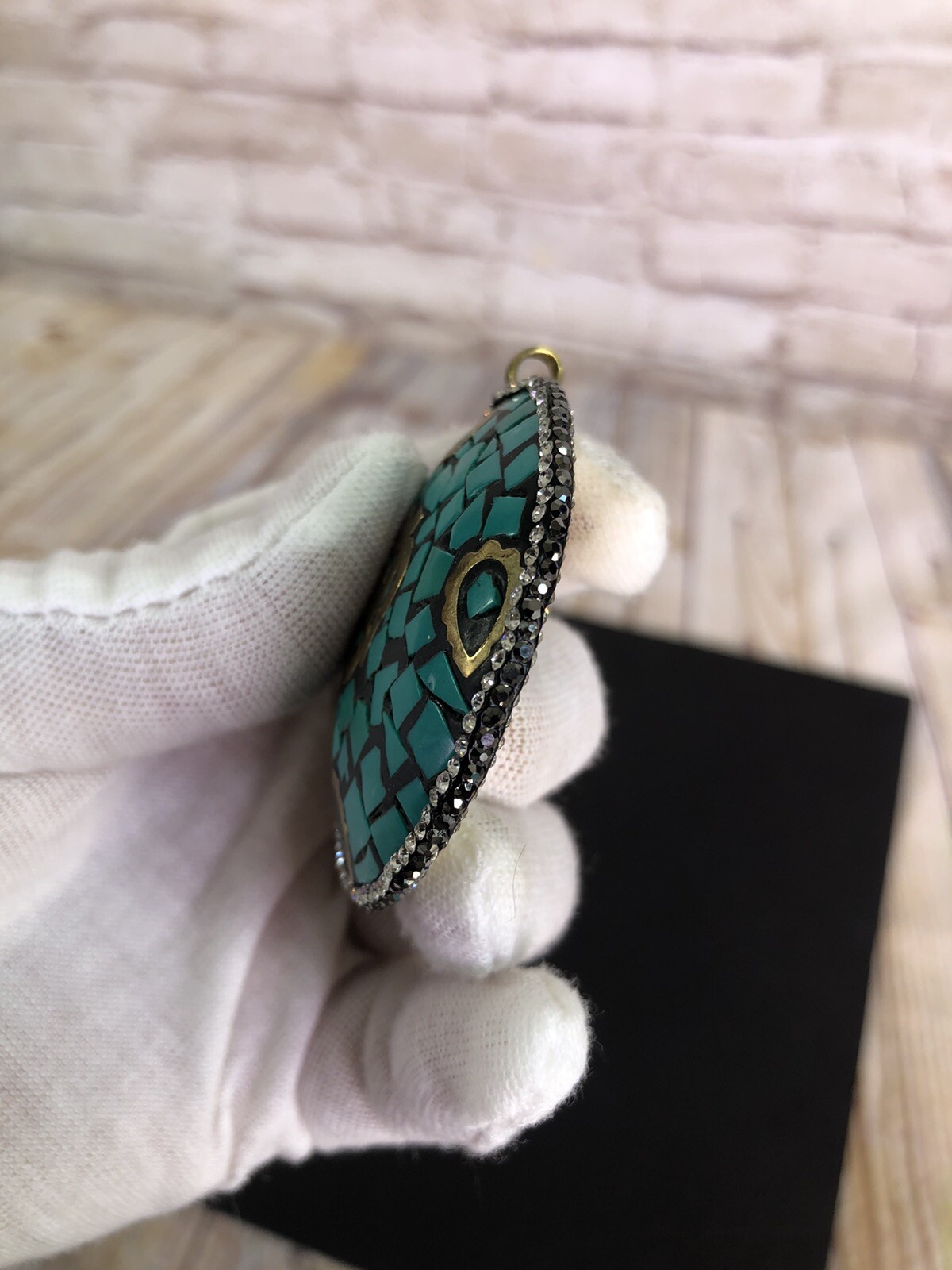 vtg OM Mantra turquoise brass pendant Tibet NEPAL newly crystal embellished