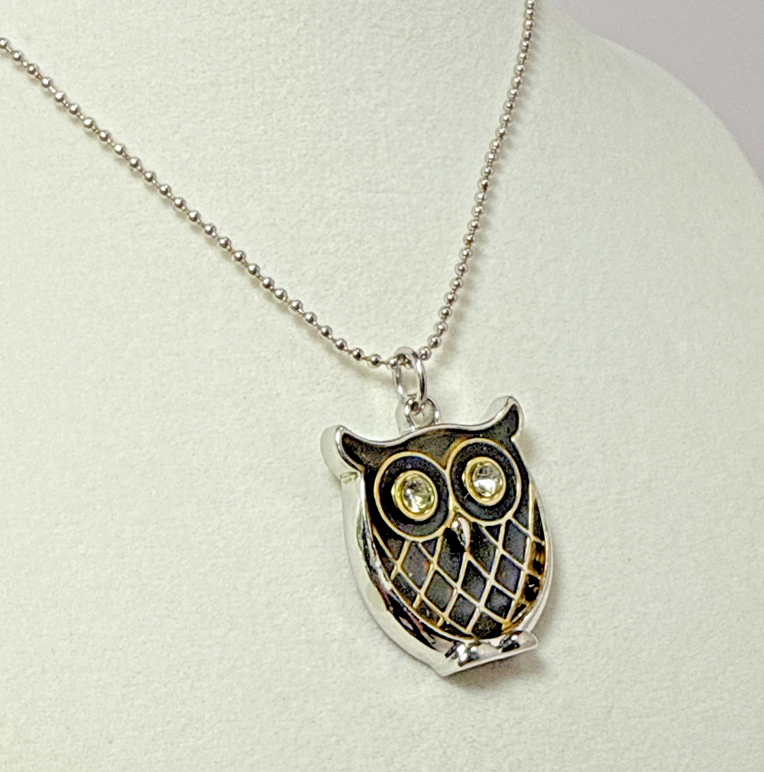 Vintage Owl Pendant Necklace Silver Tone Black Enamel Rhinestone Whimsical Boho