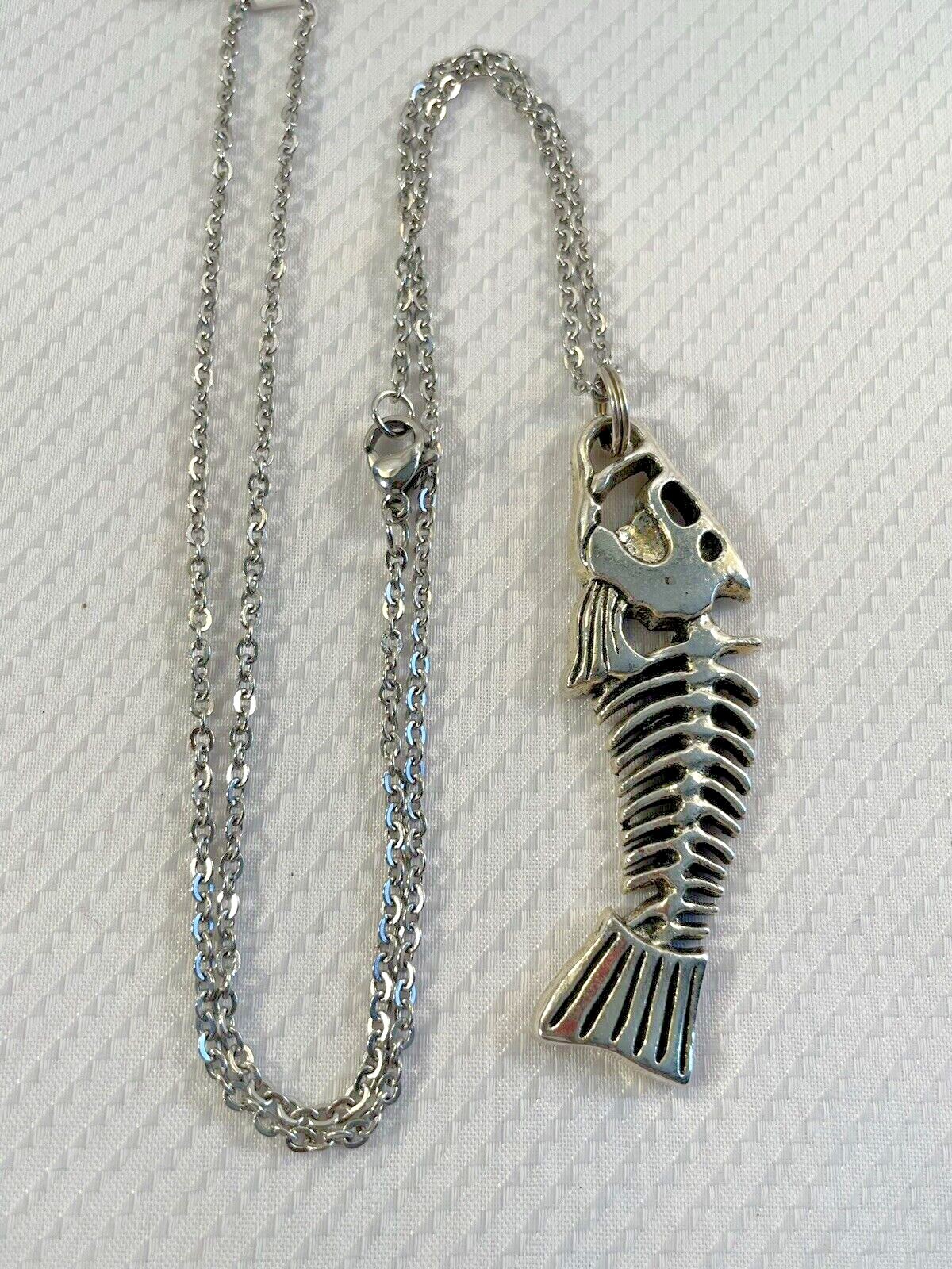 Fish Bone Silver Pendant Necklace 20” Stainless Chain Coastal Sea Jewelry NEW