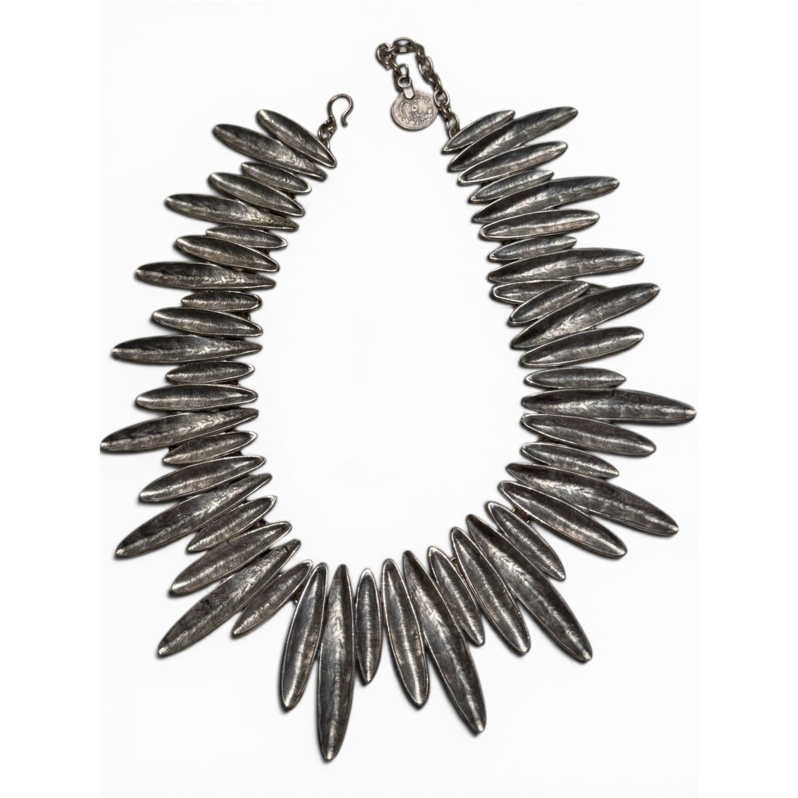 QuiQuattro “Leaf” Silver Plated Hammered Spike Statement Bib Necklace