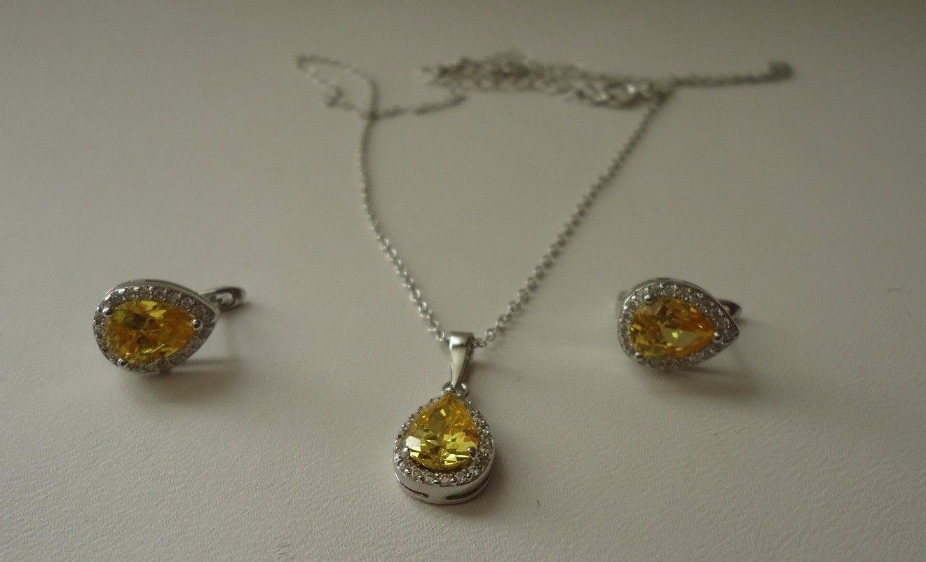 PENDANT & EARRING SET W/ 7.20 CT YELLOW / WHITE ACCENTS /925 STERLING SILVER