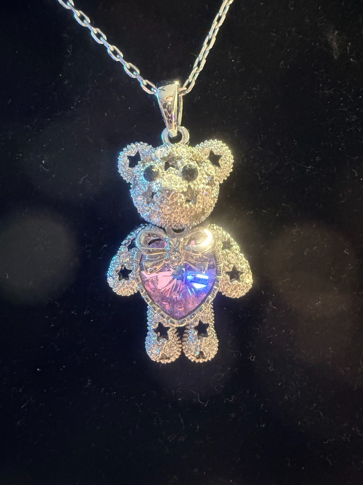 “JN” Sparkling Silver Toned Teddy Bear Necklace