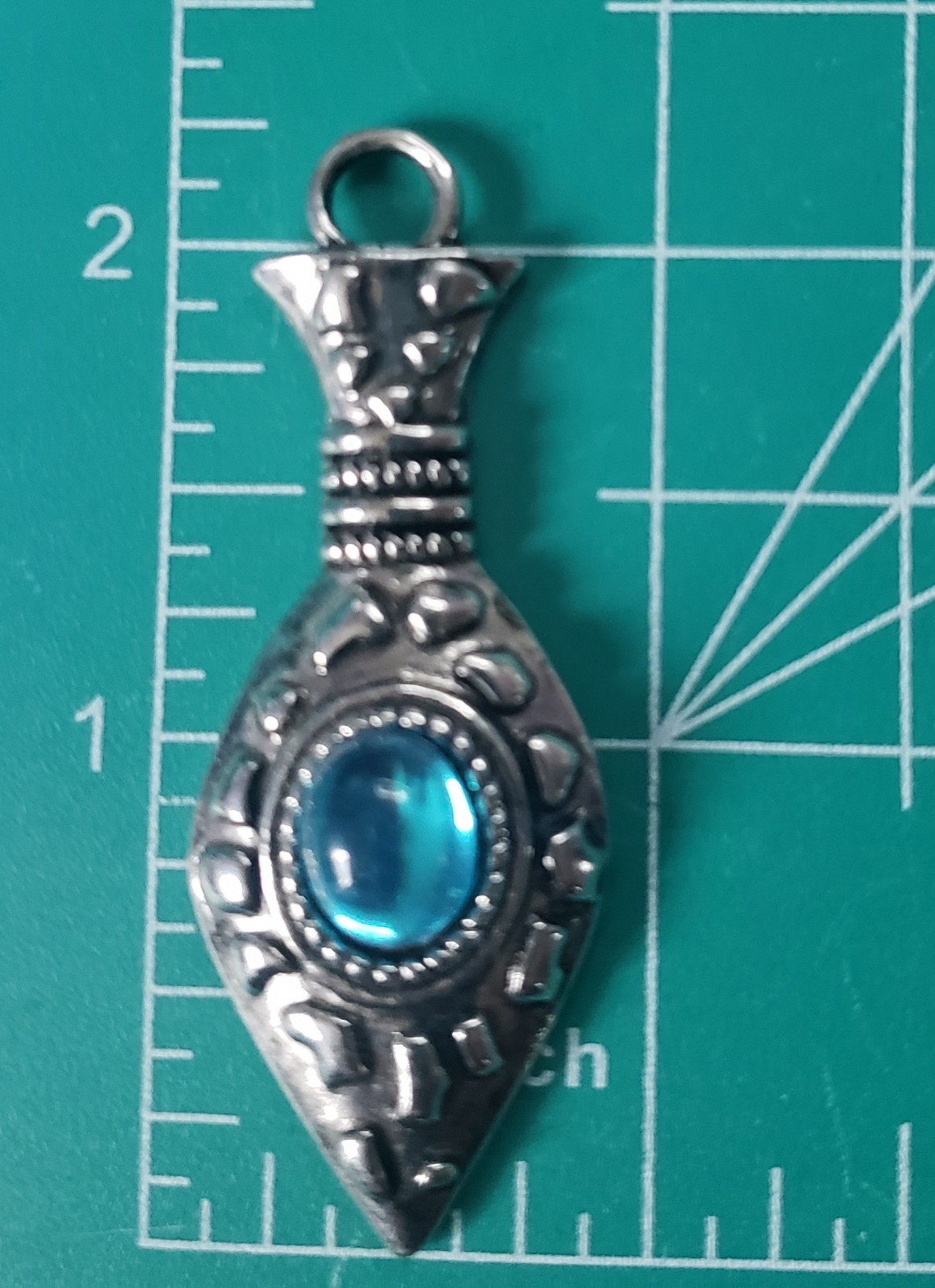 Silver Tone Native Style Vase Pendant Blue Center Stone 2″