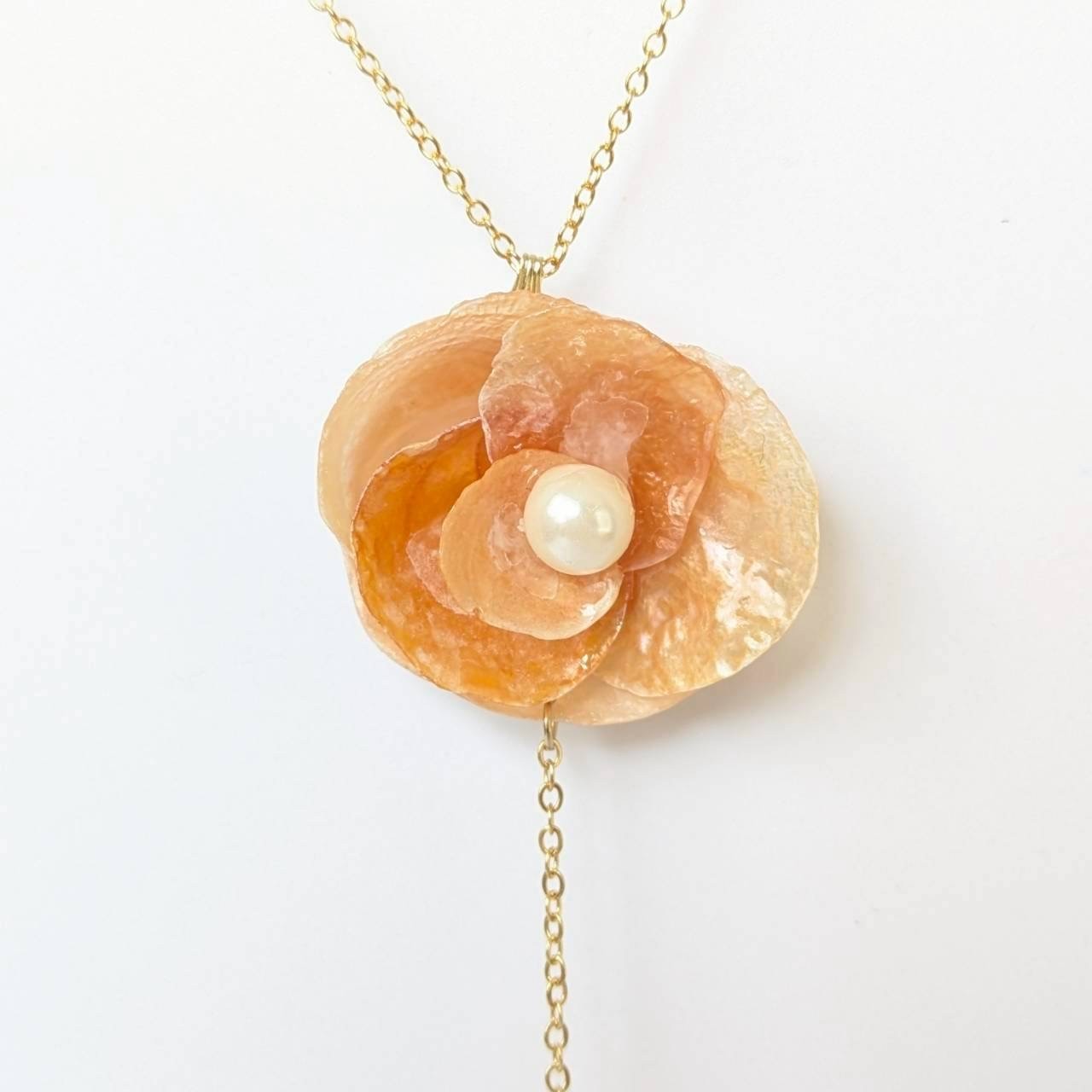 Handmade Japanese Orange Shell Flower Y-Necklace, Coastal Boho Pearl Lariat Jewe