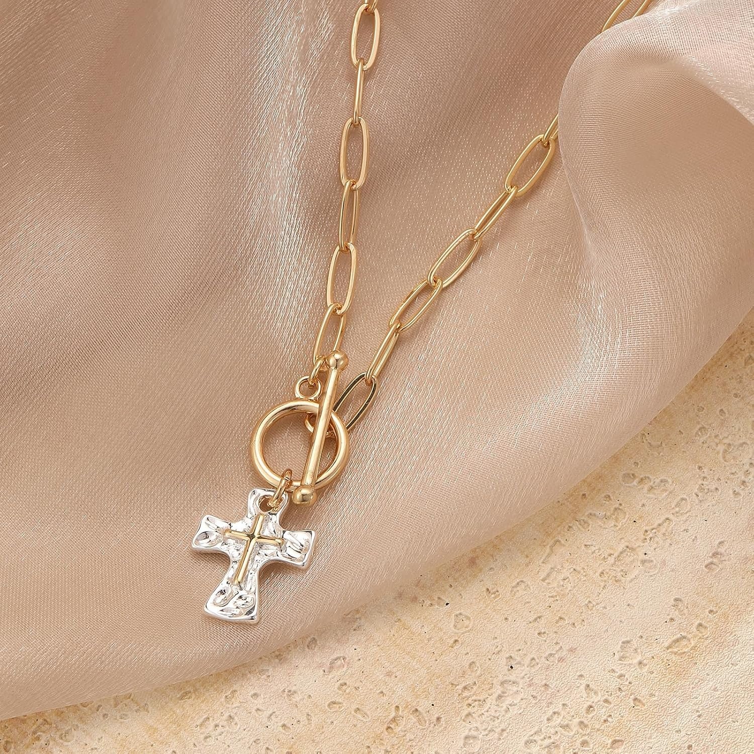 Trendy Silver Plated Cross Necklace for Women Layered Paperclip Chain 46cm