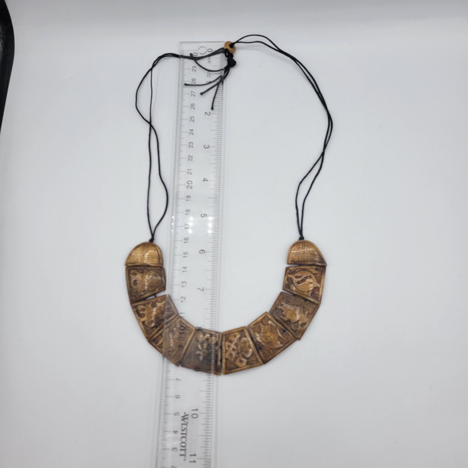 Nepal 8 Auspicious Symbols Hand Carved Necklace Yak Bone 16 in